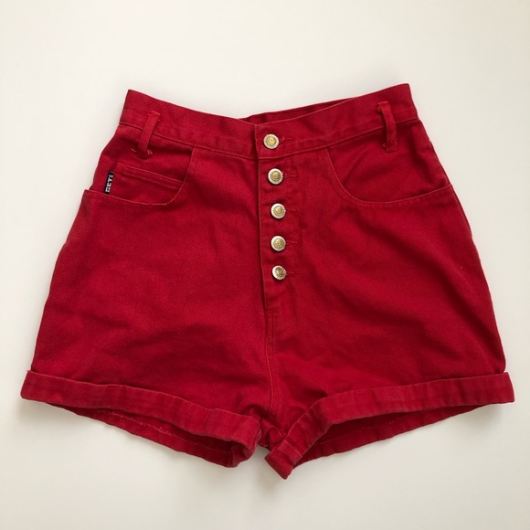 Vintage Pants - Vintage Super High Waist Red Button Fly Shorts
